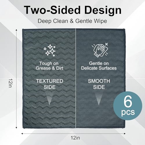 6 Pack Microfiber Cleaning Cloths, 12 x 12 Inch Dual-Sided Reusable Dish Towels, Soft & Textured All-Purpose Cleaning Rags for Kitchen, Home, Car, Lint-Free Washable Cleaning Cloths, Grey
