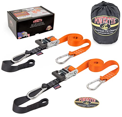 PowerTye 1.5 inch x 10ft Extra Long Ratchet Tie Down Straps, Heavy Duty with Carabiner Hooks, Soft-Tye & Bag, for Motorcycle, ATV & Cargo - 1,000 lb WLL - Made in USA - Orange/Black Pair - color: Orange, size: 10 ft + Storage Bag