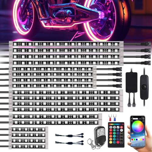 SUNPIE Motorcycle LED Under Glow Kit w/Brake&Turn Signal Lights, 12V Waterproof Multi-Color RGB LED Strips Motorcycles Lighting for Harley Honda Kawasaki Suzuki, 18 PCS - color: RGB-18PCS