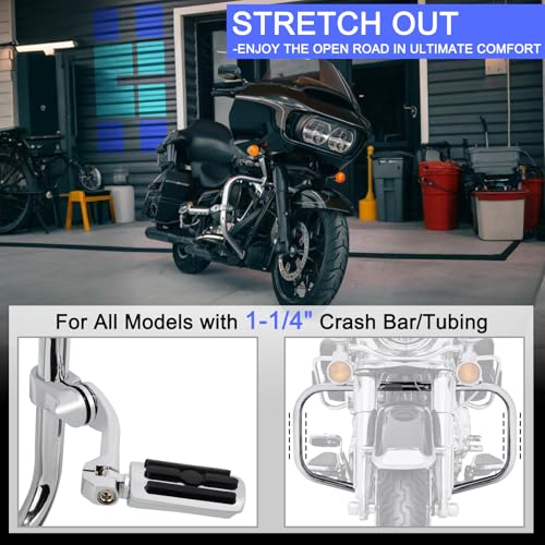 1.25" (32mm) Adjustable Highway Foot Pegs w/Long Extended Angled Mounts for Harley Davidson Touring Street Glide/Road Glide/Electra Glide/Road King Motorcycle w/1-1/4" Crash Bar,CHROME#2
