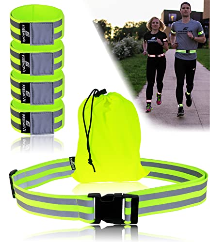 FREEMOVE Reflective SASH with 2 Bands - or - Reflective Runners Waist Belt with 4 Arm Bands > Easy to Put On/Off Reflective Gear for Guaranteed Visibility & Safety for Dog Walking, Running, Cycling - color: Yellow BELT and BANDS