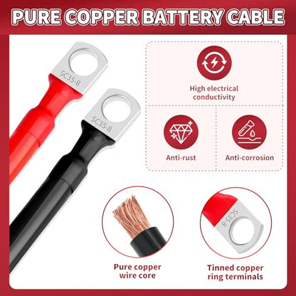 6 AWG Battery Cable 2 Pcs, 11.8 Inch Battery Cables with M8 Ring Terminals, Marine Batterys Cables Pure Copper, Batterys Ground Cable for Motorcycle, Car, Truck, Rv, Boat - size: M8/11.8INCH/6AWG