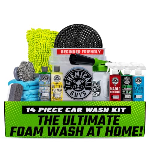 Chemical Guys Car Wash Kit 14-Pc Arsenal Builder - with Foam Blaster, Wash Bucket, Towels, Applicators, and 16 oz Soaps, Waxes, and Cleaners - Complete Car Detailing Gift Set, Works with Garden Hose - style: HOL126