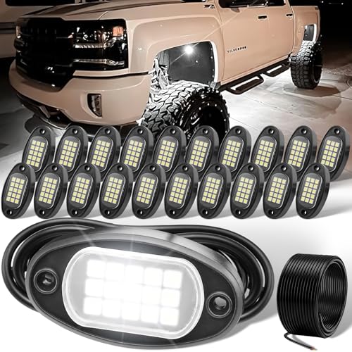 YONEDA 20 Pods White Rock Lights 6000K Pure White LED Underglow Lights IP68 Waterproof for Trucks SUV UTV ATV RZR Car Boats Motorcycle with 39.37ft Extension Wire - color: White 15LED, size: 20 Pods