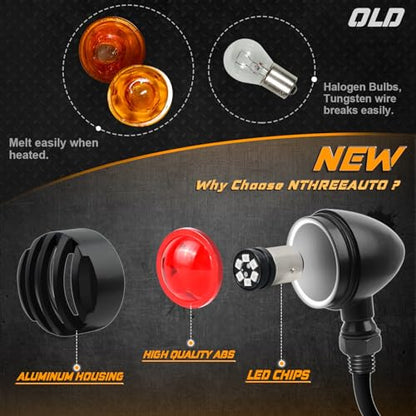 NTHREEAUTO Motorcycle Blinkers, Waterproof Aluminum Bullet LED Turn Signals, Rear Red Indicator Light Compatible with Harley Dyna, Honda, Yahama, Bobber,Suzuki and Kawasaki 12V Motorbikes - color: Black/Red