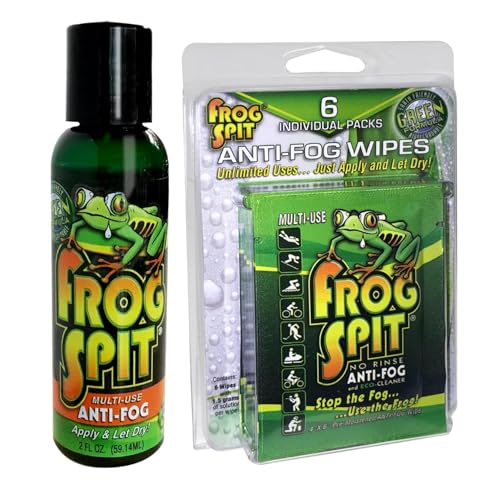 Frog Spit Anti-Fog Concentrate and Wipes - 2 oz. Bottle of Anti-Fog Solution, 6 Travel Wipes - Anti Fog for Glasses, Goggles, Face Masks, Helmet Face Shields - size: 2 Ounce and 6-Pack Wipes