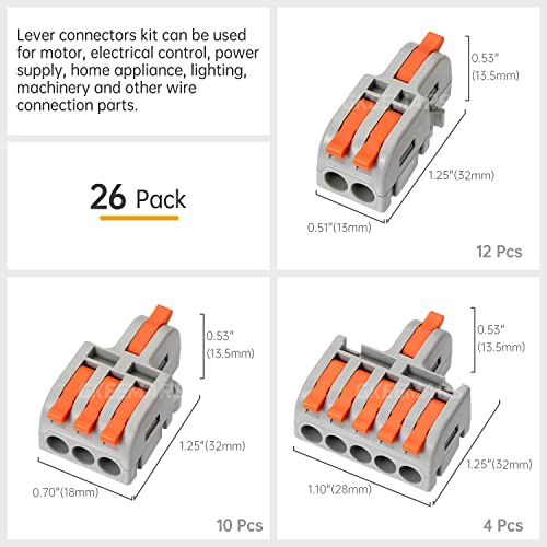 26Pcs Compact Splicing Connectors Wire Connectors Kit 2, 3 and 5 Circuit Inline Splices 24-12 AWG (Grey) - color: Grey