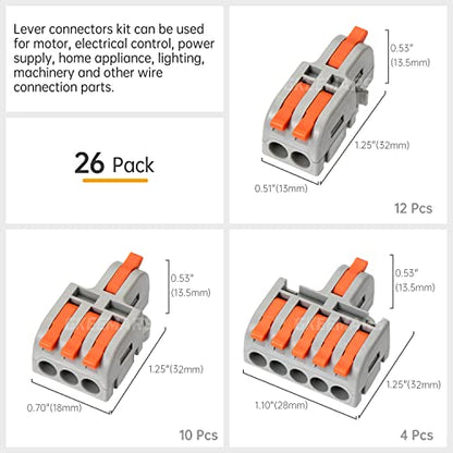 26Pcs Compact Splicing Connectors Wire Connectors Kit 2, 3 and 5 Circuit Inline Splices 24-12 AWG (Grey) - color: Grey