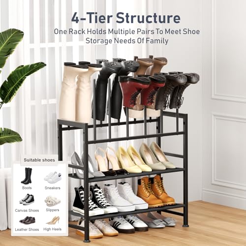 DIMJ Free Standing Shoe Racks - 4-Tier Boot Rack, Black Metal Boot Storage Organizer Tall Boots Organizer for Closet, Multiuse Shoe Rack for Boots, Sneakers,Fit for 6 Pairs Boots, Black - size: 4-Tier 6 Pair