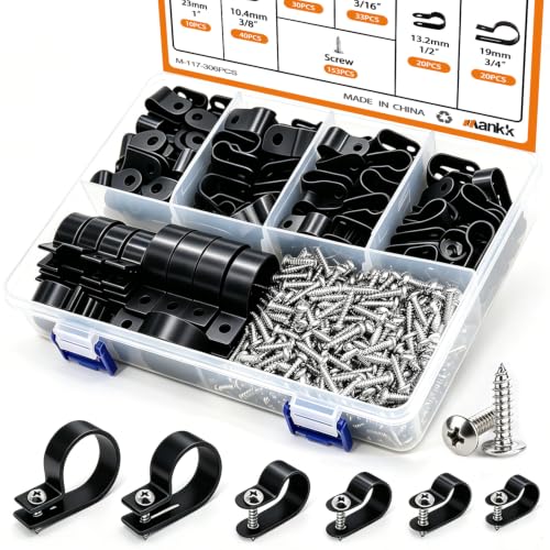 mankk 306PCS Cable Clips Wire Clips Assortment Kit Nylon Plastic R-Type Cable Clamps Wire Mounting Clips 6 Sizes 3/16'' 1/4'' 3/8'' 1/2'' 3/4'' 1'' with Screws for Cable Management - size: 6 Size-306PCS