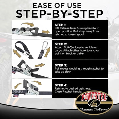 PowerTye 1.5in x 6.5ft Heavy Duty Ratchet Tie-Down Straps with Soft-Tye and Carabiner Hooks - 1,000 lb Working Load Limit / 3,000 lb Breaking Strength - Made in USA - Purple/Black (Pair) - color: Purple, size: 6.5 ft