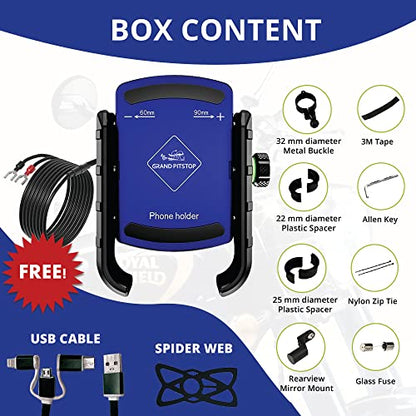 GRAND PITSTOP Bike Phone Mount Holder USB Charger Handlebar Mount, Camera Friendly, Aluminum Motorcycle Phone Mount, with 12/24V Motorcycles Quick Charge for 4.5-7 Inch Phones (Blue)
