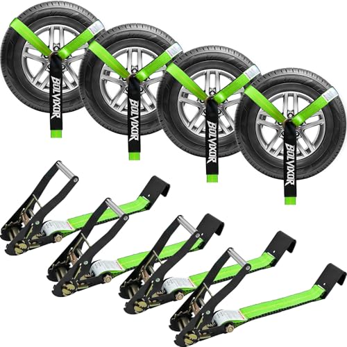 4 Pack Car Tie Down Straps for Trailers - 2" x 96" - 9900LBS Break Strength - Heavy Duty Tire Ratchet Straps with Flat Hooks for Hauling UTV, SUV, Truck, Any Cars - color: Green