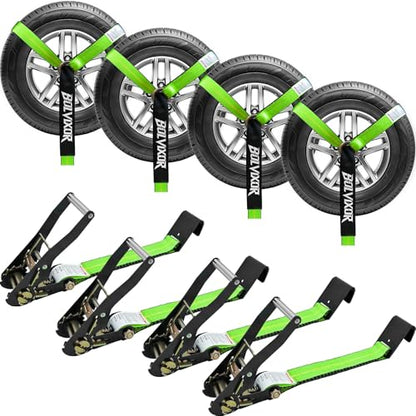4 Pack Car Tie Down Straps for Trailers - 2" x 96" - 9900LBS Break Strength - Heavy Duty Tire Ratchet Straps with Flat Hooks for Hauling UTV, SUV, Truck, Any Cars - color: Green