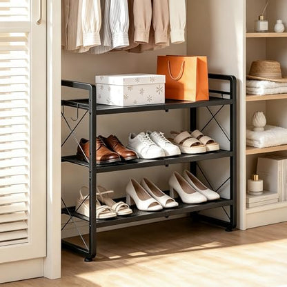 ELYKEN Shoe Rack, 3-Tier Expandable Shoe Organizer for Entryway, Metal Black Shoe Shelf with 4 Hooks, Ajustable Shoe Stand Holder for Closet, Garage, Door Entrance - size: 3-Tier