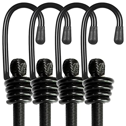 BEXSLE Bungee Cords with Hooks, Heavy Duty Outdoor Elastic Bungee Straps，No Odour Industrial Grade Bungee Rope for Securing Tarps, Luggage, Tents, Bikes or Garden Tidying 24inch 4Pcs (Black) - size: 24 inches x 4 pcs