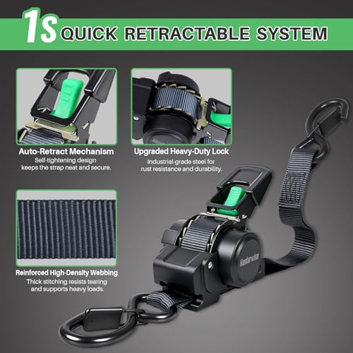 Retractable Ratchet Straps, 1" x 12' Heavy Duty Auto Self Retracting Ratchet Straps, Tie Down Straps for Trucks Trailer Car Motorcycle ATV UTV Kayak Boat（1 Pack） - size: 1"x12'-1pcs