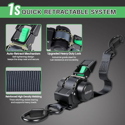 Retractable Ratchet Straps, 1" x 12' Heavy Duty Auto Self Retracting Ratchet Straps, Tie Down Straps for Trucks Trailer Car Motorcycle ATV UTV Kayak Boat（4 Pack） - size: 1"x12'-4pcs