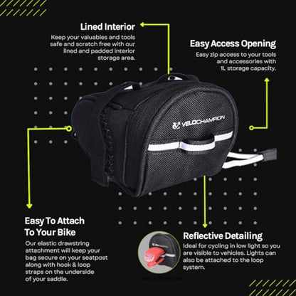 VeloChampion Black Bike Seat Pack Under Saddle Bag | 1 Litre Storage | Ideal for Mountain Road or Hybrid Bikes | Reflective | Water Resistant | Perfect for Repair Kits and Cycling Accessories