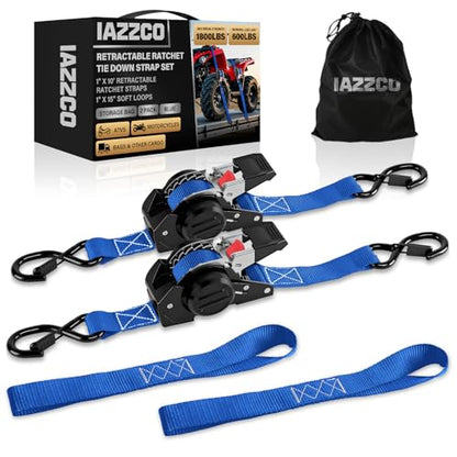 10FT Retractable Ratchet Straps(2-Pack) - 1 Inch (1800 LB Break Strength) Heavy Duty Self Retracting Ratchet Straps with Soft Loops & Storage Bag for Household, Motorcycle, Truck, ATV(Blue) - style: Blue-2 Pack