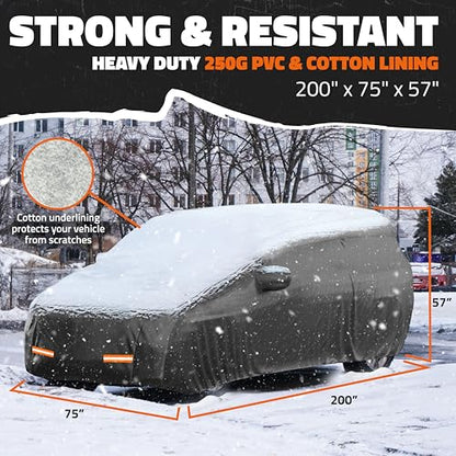 Mockins 200"x75"x57" SUV Car Cover Waterproof All Weather Heavy Duty Tarp | Dual-Layer 250G PVC & Soft Cotton Lining Full Exterior Covers | Windproof Large Car Cover for Snow & Rain with Buckle Strap - size: SUV - Large - 200" x 75" x 57"