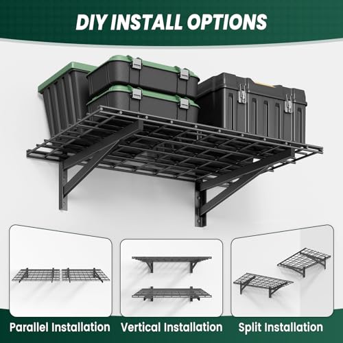 2 Pack 2x3ft Garage Wall Shelves, 24x72 inch Heavy Duty Garage Shelving Wall Mounted Garage Storage Rack, 700lbs Load Capacity Floating Metal Shelf, Black - size: 2 pack-2x3ft