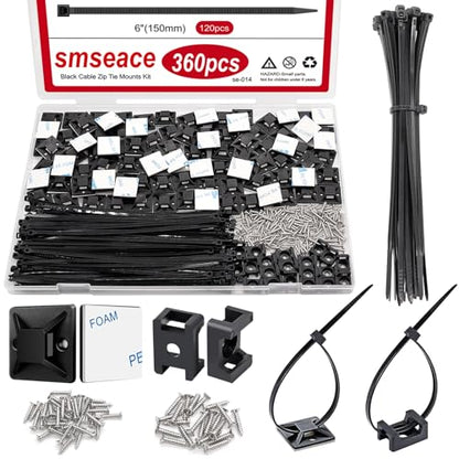 smseace 360Pcs Strong Back-Glue Self Adhesive Black Cable Zip Tie Mounts Kit with 6inch Zip Ties and Screws, UV Protection Outdoor Sticky Wire Fasteners Cable Clips Management