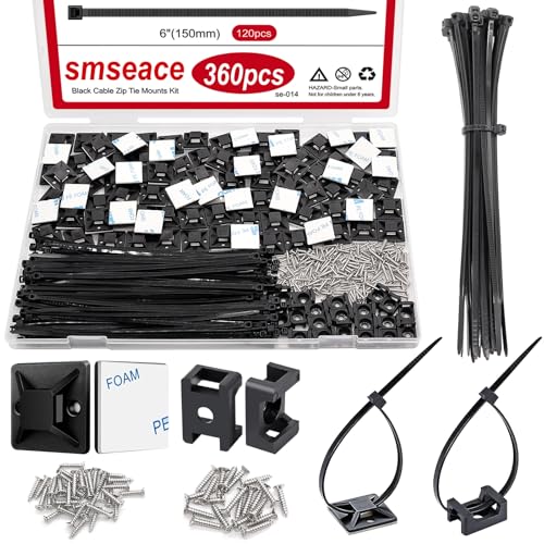 smseace 360Pcs Strong Back-Glue Self Adhesive Black Cable Zip Tie Mounts Kit with 6inch Zip Ties and Screws, UV Protection Outdoor Sticky Wire Fasteners Cable Clips Management