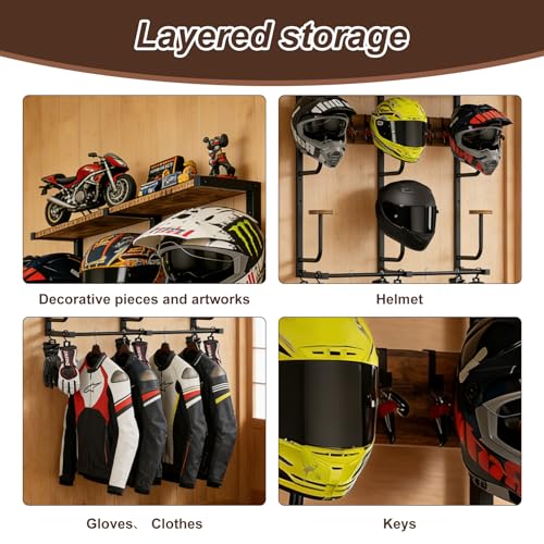 6-in-1 Motorcycle Helmet Rack with Hooks & Shelves, Helmet Wall Mounted Organizer for 6 Helmets, Gear & Accessories, Heavy-Duty Storage for Garage & Entryway - size: Large