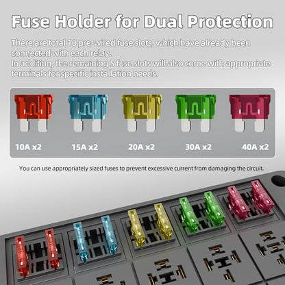 DaierTek Relay Box 12V 10 Way Relay Block and 10 Way ATC/ATO Blade Fuse Panel Pre-Wired Dustproof Fuse Relay Box for Automotive Car Marine Boat - color: Pre-Wired 10 Relay Box