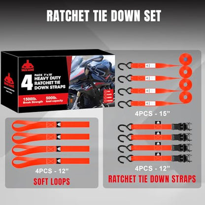 Jack Boss Ratchet Tie Down Straps Set, 1500 lbs Break Strength, 1" x 15' Heavy Duty Ratchet Straps with 4X Soft Loops Padded Handles Coated S Hook, Fits for Moving Appliances Motorcycle, Orange-Red - color: Red