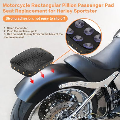 Motorcycle Rectangular Passenger Pad Seat Rear Leather Pillion Cushion 6 Suction Cup Compatible with Harley Dyna Sportster XL 883 1200 Chopper Custom (Black Crocodile Rivet) - style: 6 Suction Cup-Black Crocodile Rivet