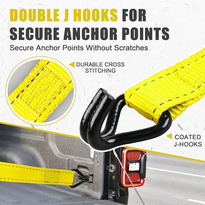 AWELCRAFT Ratchet Straps(4 Pack),3300lb Breaking Strength,1.5in×10ft Heavy Duty Tie Down Ratcheting with Padded Handles,Double J Hooks & 4 Soft Loops for Trailer,Trucks,Motorcycle(Yellow) - color: Yellow