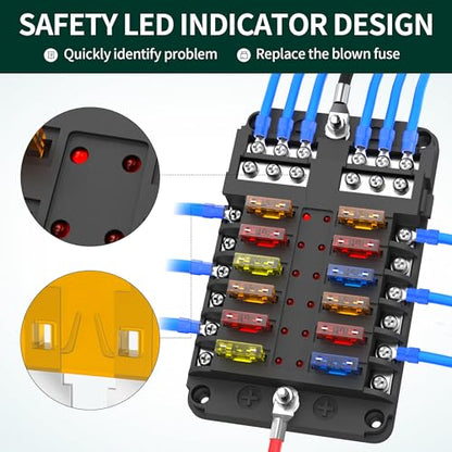 DaierTek 12 Way Fuse Block, 12 Volt Blade Fuse Block with LED Indicator 12 Circuit Fuse Box 12V ATO/ATC Marine Fuse Panel 24V with Waterproof Cover Fuse Terminals for Automotive Boat Car RV - size: 12 Way