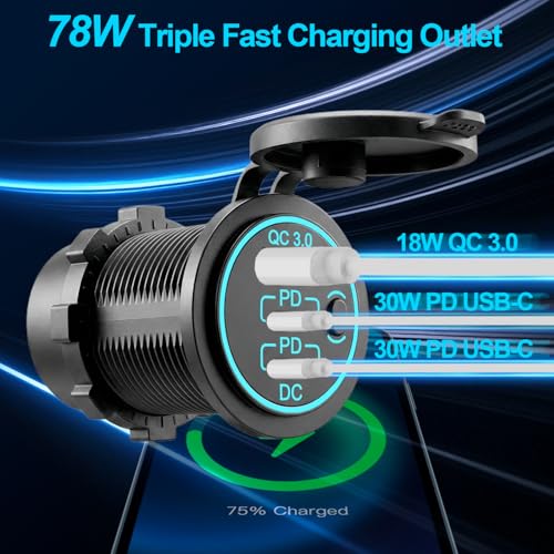 12v usb charger, PD 20W USB-C Power Socket and 18W QC3.0 Socket Waterproof Power Outlet 12V/24V with Power Switch 12V USB C Outlet for Car Golf Cart Boat Marine Bus Truck RV Marine Motorcycle etc. - color: 2PD+1QC