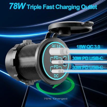 12v usb charger, PD 20W USB-C Power Socket and 18W QC3.0 Socket Waterproof Power Outlet 12V/24V with Power Switch 12V USB C Outlet for Car Golf Cart Boat Marine Bus Truck RV Marine Motorcycle etc. - color: 2PD+1QC