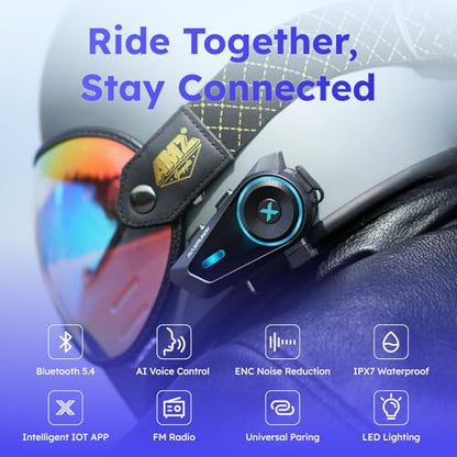 D10 Motorcycle Bluetooth Headset with Natural AI Voice Control, Bluetooth 5.4 Helmet Intercom for 4 Riders with ENC Noise Canceling, Audio Multitasking, FM, IPX7, Fits Snowmobile/ATV, 2 Pack - style: D10-2 Pack
