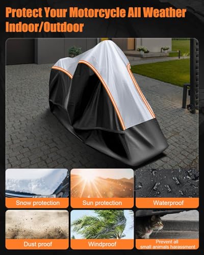 Full Enclosed Motorcycle Cover Waterproof Outdoor/Indoor Storage Waterproof Motorcycle Cover Heavy Duty with Reflective Strips Fits Scooter/Touring Motorcycles Length up to 108"（Black+Sliver） - size: 3.(3XL)108L" x 45"W x 59"H