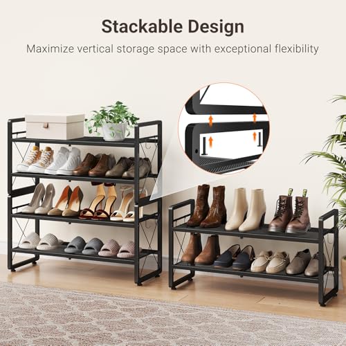 ELYKEN Shoe Rack, 4-Tier Expandable Shoe Organizer for Entryway, Metal Black Shoe Shelf with 8 Hooks, Adjustable Shoe Stand Holder for Closet, Garage, Door Entrance - size: 4-Tier