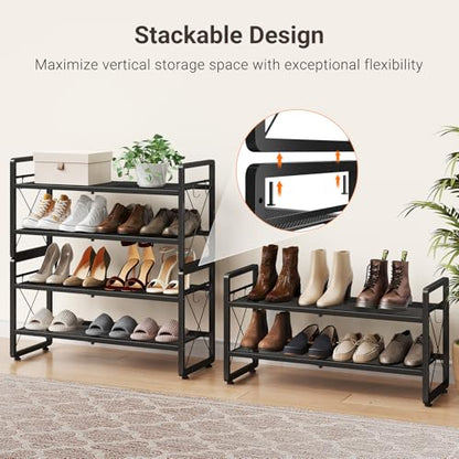 ELYKEN Shoe Rack, 4-Tier Expandable Shoe Organizer for Entryway, Metal Black Shoe Shelf with 8 Hooks, Adjustable Shoe Stand Holder for Closet, Garage, Door Entrance - size: 4-Tier