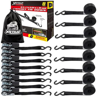 XSTRAP STANDARD Ratchet Straps, 900 LB Break Strength, 8-Pack 10FT Ratchet Tie Down Straps Set for Motorcycle Straps Tie Downs, Appliances, Lawn Equipment, Logistic Cargo Straps for Trucks (Black) - color: Black
