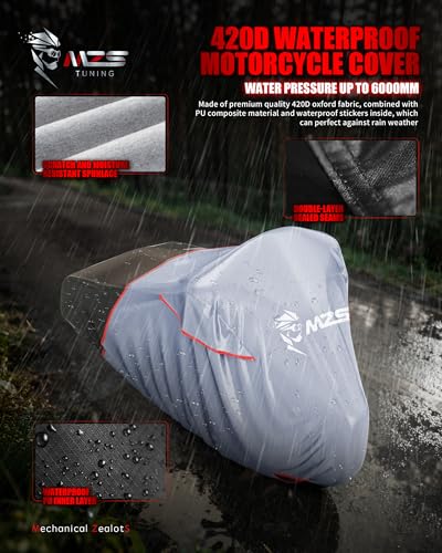 MZS Motorcycle Cover Waterproof Outdoor, Heavy Duty All Season Weather Sun Protection with Storage Bag Vents Night Reflective Cotton Lining Lock Holes fits up to 104" Motorcycles Vehicle Covers - size: XX-Large 104 inches