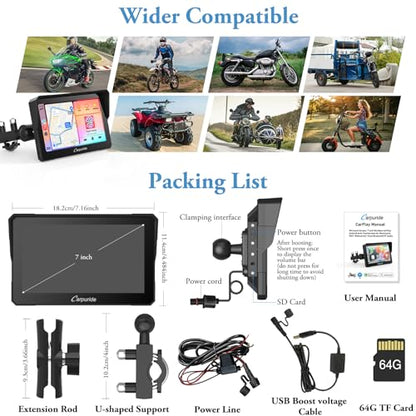 Carpuride W702 for Motorcycle, 7 inch Waterproof Touchscreen, Portable Apple Carplay/Android Auto GPS Navigation for Motorbike, Support Dual Bluetooth, Car GPS, TF-64G - style: Carpuirde w702