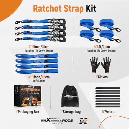 maXpeedingrods Heavy Duty Ratchet Straps 1.6 Inch x 8 FT Tie Down Strap 5208lbs Luggage Straps with S Hooks & Soft Loops for Towing Motorcycles ATVs UTVs Jet Skis Golf Carts 4 Pack - color: blue