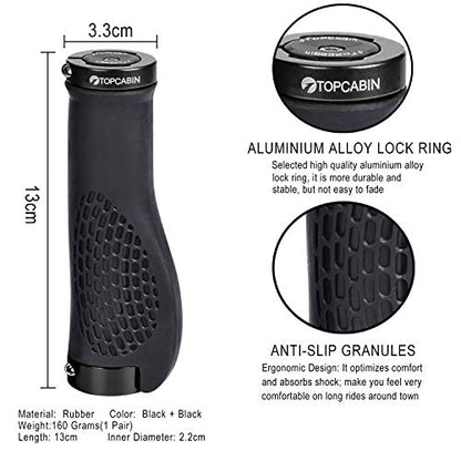 TOPCABIN Ergonomic Bike Grips - Widen Holding Rubber Grips with Aluminum LockGrips for Mountain & Road Bikes - color: (Aluminum lock plug+Grips) Black 1 Pair