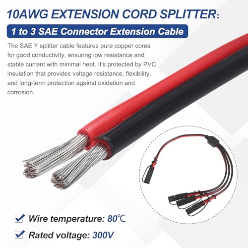 MECCANIXITY SAE Y Splitter Cable, 10AWG Extension Cord Splitter 1 to 3 SAE Connector Extension Cable 1.8 ft with Waterproof Caps & Polarity Reverse Adapter for Solar Panel Battery Charger - size: 10AWG, 1.8 ft