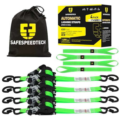 Retractable Ratchet Straps (4pk) - 1 inch x 12 feet (1800lb Break Stength) - Heavy Duty Retractable Straps - Self Retracting Tie Downs with Soft Loops - Auto Ratchet Straps for Truck, Motorcyle, UTV - color: Green, size: Retractable 1800LB - 12Ft
