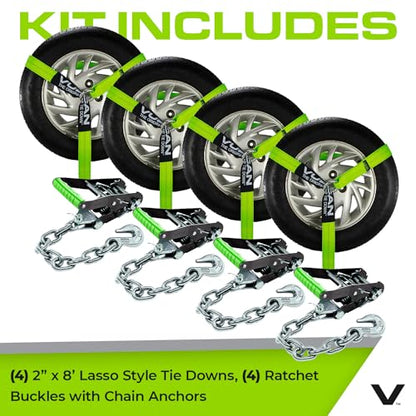 VULCAN Car Tie Down with Chain Anchors - Lasso Style - 2 Inch x 96 Inch - 4 Pack - High-Viz - 3,300 Pound Safe Working Load - size: Chain Anchors - High Viz Green (4 Pack)