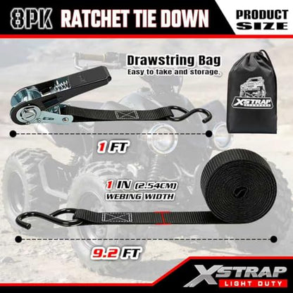 XSTRAP STANDARD 8-Pack Ratchet Tie Down Straps, 1" x 10ft, 900lb Break Strength Heavy Duty Straps for Motorcycles, ATVs, Lawn Equipment, Appliances & Truck Cargo - Black - color: Black