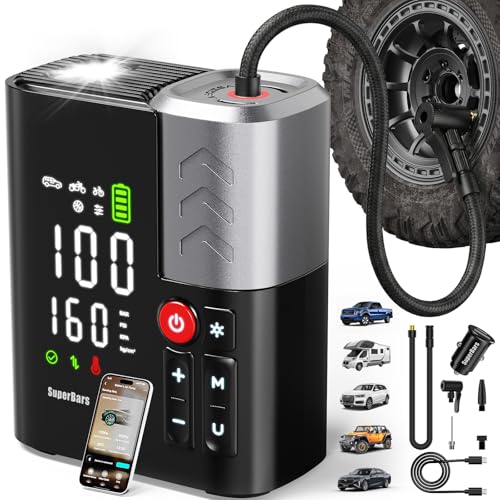 Tire Inflator Portable Air Compressor, SuperBars 3X Faster Air Pump with APP, 160PSI 48LPM Electric Tire Pump with 10400mAh Battery, 45W Faster Charging, Tire Inflator for Car SUV Pickup RV MPV Truck - color: Black
